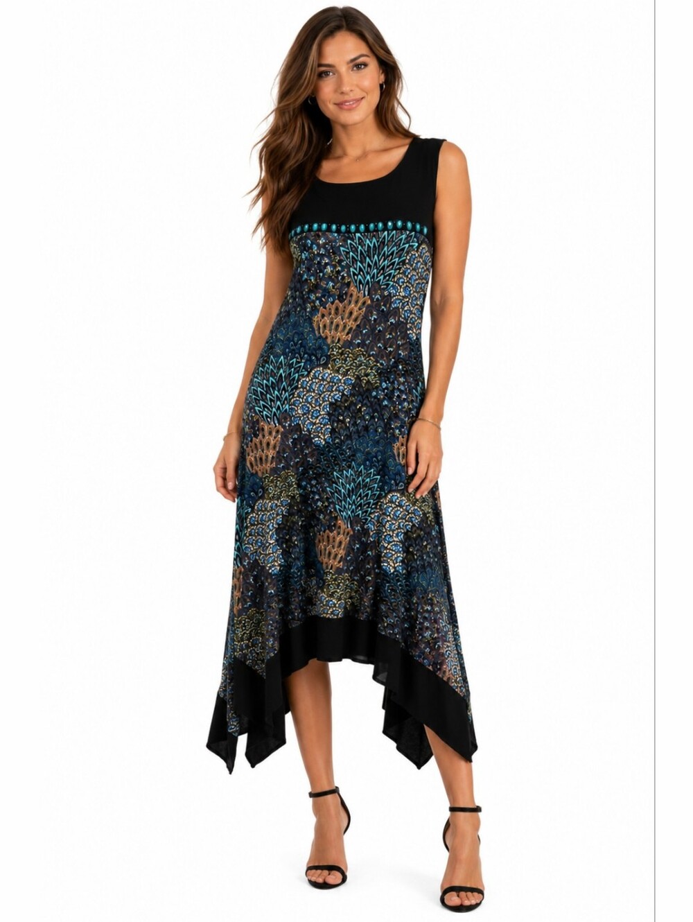 PerSeption Concept Black and Teal Patterned Asymmetrical Dress